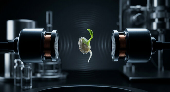 Sprouting chia seed with green shoot levitating mid-air between ultrasonic transducers, acoustic levitation physics botany experiment research concept macro photography