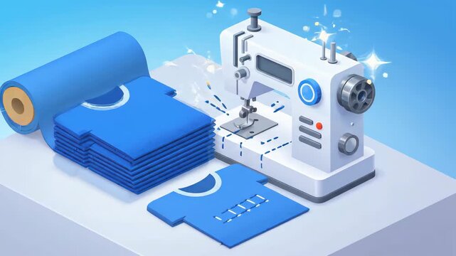 isometric view of sewing machine cutting fabric rolls into blue clothing patterns on clean table with smooth gradient background
