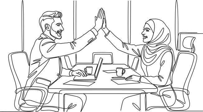 line art illustration of a businessman and a businesswoman giving a high five across a desk.