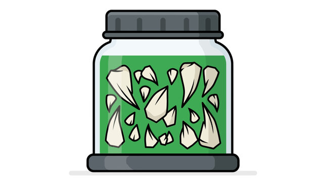 illustration of sharp monster teeth preserved in a green liquid glass jar on white background