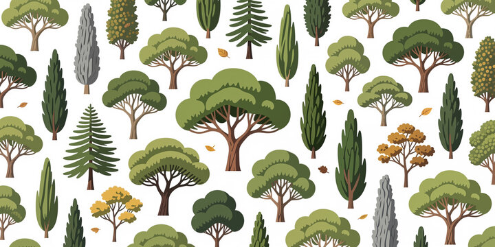 A repeating pattern of many cartoon trees with a mix of green leafy foliage in a modern vector style with brown trunks and branches on branches on a white background.