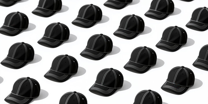 A repeating pattern of black baseball caps with white stitching and shadows on a white background.