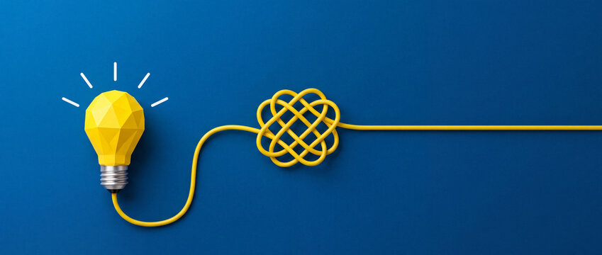 Conceptual illustration of a yellow low poly light bulb connected to a tangled wire that straightens out, representing the creative process of problem solving and simplifying complex ideas.