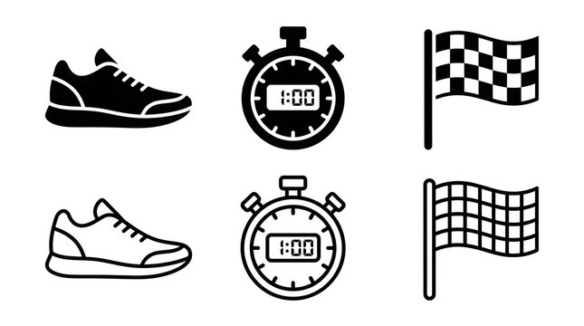 Black and white running race icons with checkered flags