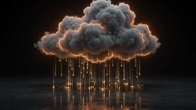 Cloud computing concept video with glowing binary code data rain falling from dark volumetric storm sky animation