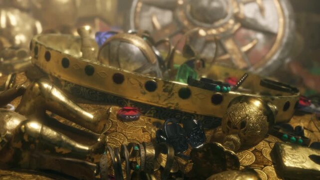 A collection of gold coins, jewelry, and artifacts. The light highlights various items. The setting suggests a hidden cave or underwater treasure location.