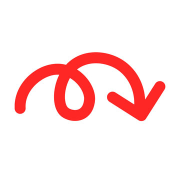 HRed Curved Loop Arrow Pointing Down Right, Hand Drawn Vector Illustration
