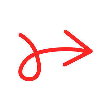 Red Curved Loop Arrow Icon Pointing Right, Hand Drawn Vector Illustration
