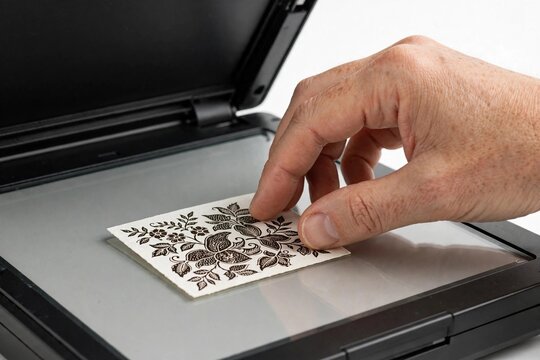 Hand Scanning a Hand-Drawn Batik Pattern Card on a Flatbed Scanner