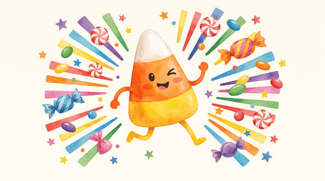 Happy watercolor candy corn character jumping amidst festive Halloween treats and stars