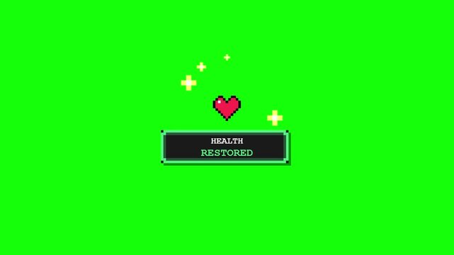 retro pixel game health restored animation with green screen