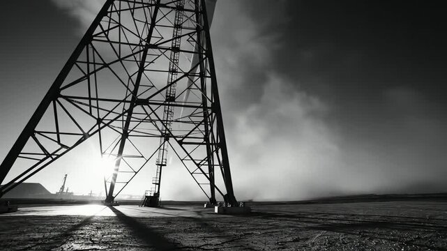 Black and white oil rig derrick at sunrise