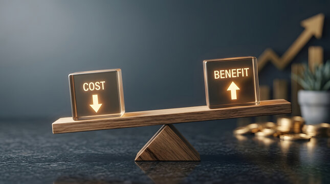 Cost Benefit Analysis Concept with Glowing Glass Blocks on Wooden Seesaw Balancing Lower Costs and Higher Benefits Against a Dark Background with Golden Coins and a Rising Growth Graph