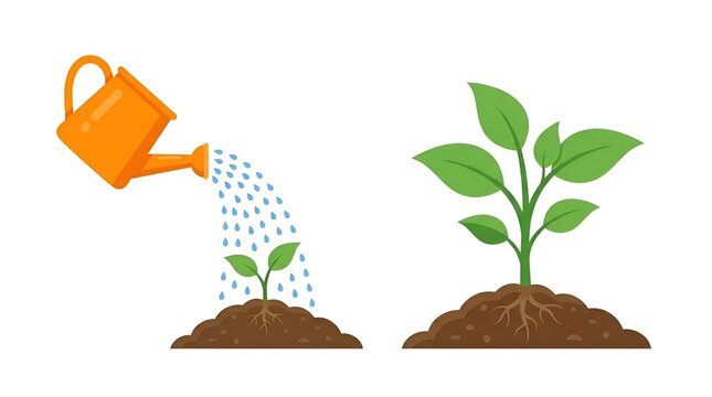 Young green plant growing from soil with orange watering can vector illustration