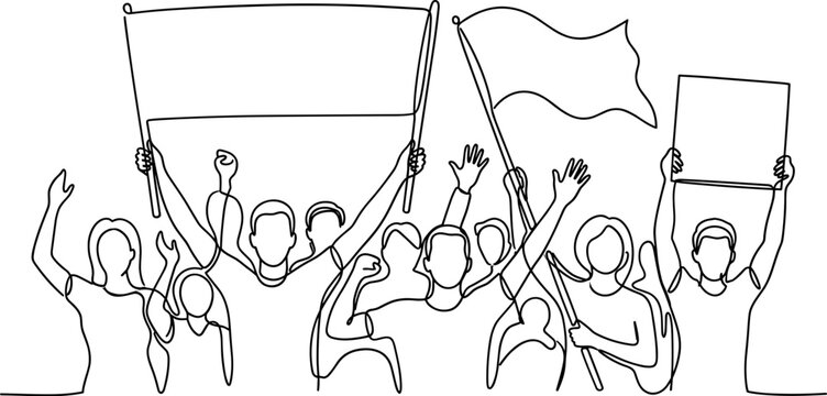 Line drawing of a crowd of diverse people protesting with banners and flags.