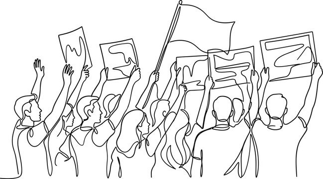 A continuous line art drawing depicting a diverse crowd of people protesting together.