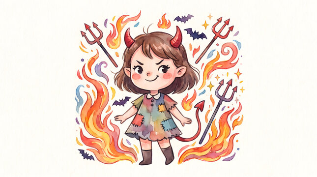 Mischievous little devil girl illustration with red horns fire and pitchforks in watercolor style