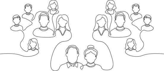 Fototapeta premium A minimalist single line art illustration showing a large family tree structure with multiple generations of people connected by a continuous flowing line.