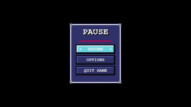 retro pixel game pause menu interface with resume options and quit buttons