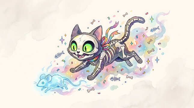 Whimsical skeleton cat chasing a glowing blue ghost mouse amidst vibrant rainbow watercolor smoke.
