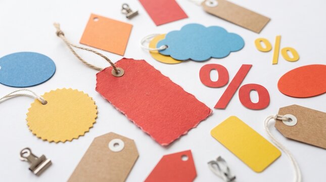 Colorful price tags and percentage symbols scattered on a white background for sale and discount concepts