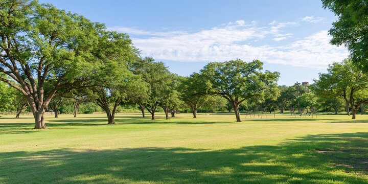 Park with mature trees and swings under a blue sky
