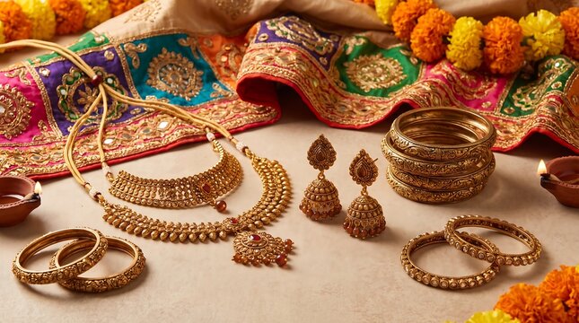 Traditional Indian bridal gold jewelry set featuring intricate necklace, ornate earrings, and engraved bangles arranged with colorful festive fabric