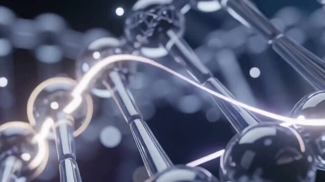 3D animation of a transparent glass DNA double helix rotating with glowing light streaks and floating abstract particles, futuristic biotechnology background for medical research documentaries 