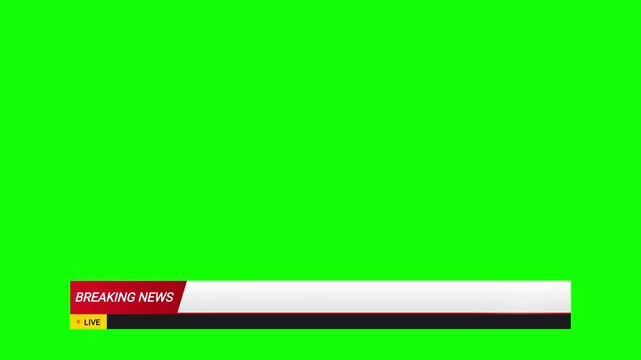 A professional 2D motion graphics lower third news ticker banner featuring a red "BREAKING NEWS" label alongside a glowing "LIVE" indicator badge and a clean white text space bar
