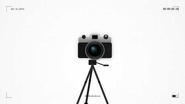 A clean 2D vector motion graphics animation showing a vintage DSLR photo camera mounted on a black tripod