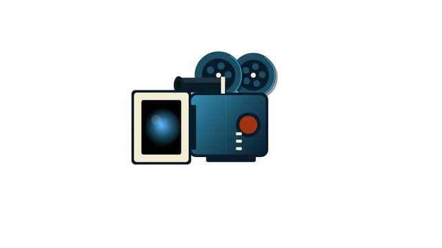 A stylish flat motion graphic of a professional film camera spinning reels and camera lens isolated on white background 