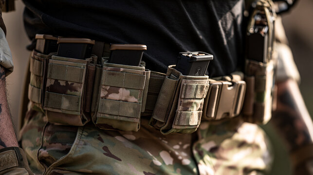 Camouflage tactical belt with multiple magazine pouches holding handgun magazines at a shooting range in Rancho Murieta, California.