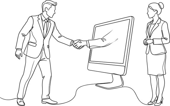 A line art illustration of a business handshake emerging from a computer screen.