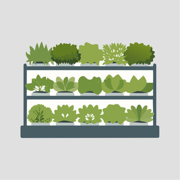 A flat vector illustration depicts a vertical hydroponic farming system with green leafy.