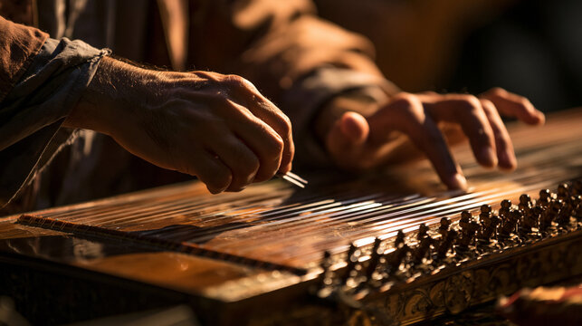Close up of a musician s hands playing a traditional ornate Turkish Kanun, a Middle Eastern stringed instrument using metal picks in Istanbul, Turkey 