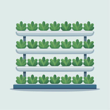 A flat vector illustration depicts a vertical hydroponic farming system with rows of green.