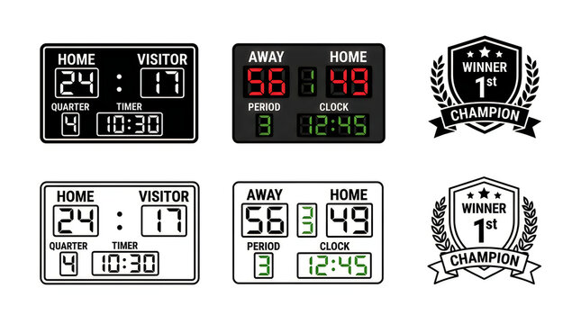 Basketball scoreboard with champion trophy icons