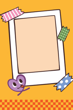 Cute cartoon photo frame with colorful decorative washi tape, a playful character, and a blank center, perfect for notes, messages, scrapbook designs, invitations, and stationery.