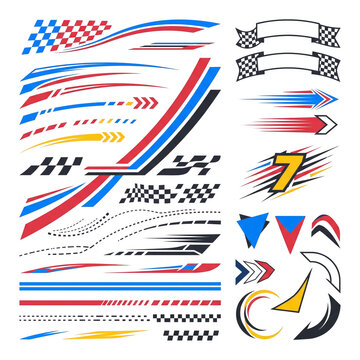 Racing decals and speed stripe graphics feature checkered flags, arrows, and dynamic shapes for vehicle design.