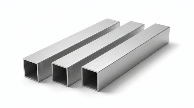 Four square steel pipes aligned on white background, metallic hollow structural section tubes for industrial construction