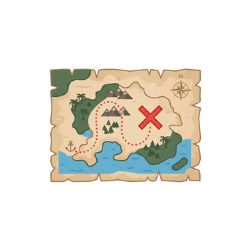 Pirate treasure map vector illustration depicts an island landscape with a dotted path to a red X.