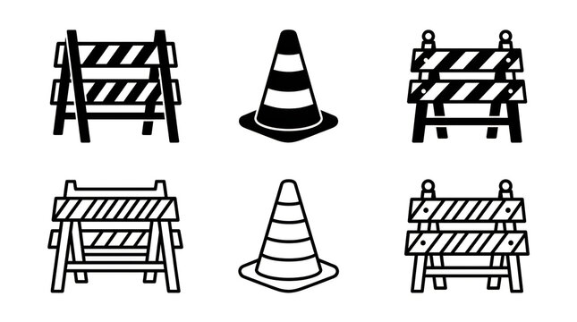 Construction warning icons with barricades and traffic cones