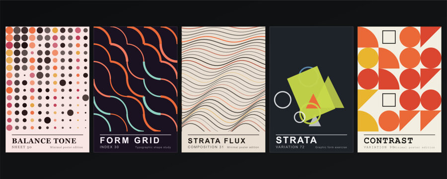Balance tone form grid strata flux strata contrast, a collection of five abstract posters with dot patterns, wavy lines, and shapes