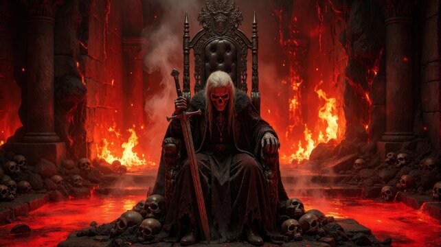 Skeleton King Sitting on Throne in Hell with Sword and Fire