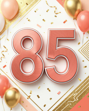 Large 3D pink metallic numbers 85 on white background with gold and pink borders, balloons, and confetti celebrating a birthday.