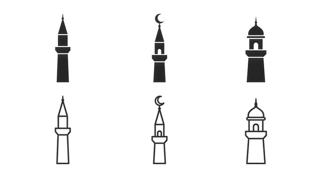 Minimalist mosque minaret and clock tower icons