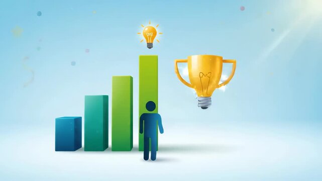 Bright lightbulb idea icon connecting to business process management symbols and workflow tasks on soft blue background with colorful growth charts at the bottom representing project development