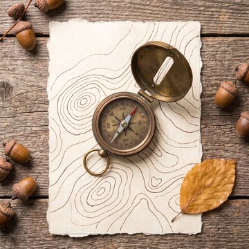 Brass compass resting on blank contour map with dried acorns on wooden camp table for wilderness navigation blog