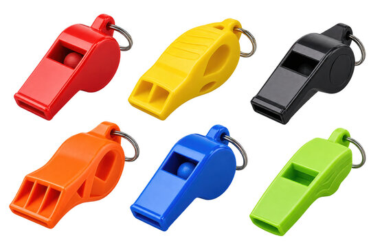 Six colorful whistles in a 2x3 grid. Top row has red, yellow, and black whistles. Bottom row has orange, blue, and green whistles. , transparent background, AI generative