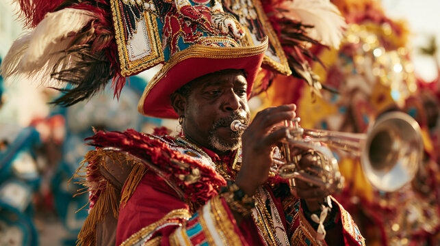 Male dancers dressed in traditional costumes performing at a Junkanoo festival playing a trumpet in Freeport, Bahamas.